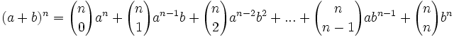 (a+b)^n = {n \choose 0}a^{n}+{n \choose 1}a^{n-1}b+{n \choose 2}a^{n-2}b^2+...+{n \choose n-1}ab^{n-1}+{n \choose n}b^n