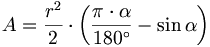 A = {{r^2} \over {2}} \cdot \left( {{{\pi} \cdot {\alpha} } \over{180^\circ}} - \sin \alpha \right)