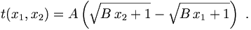 t(x_1,x_2)=A\left(\sqrt{B\,x_2+1}-\sqrt{B\,x_1+1}\right)\ .